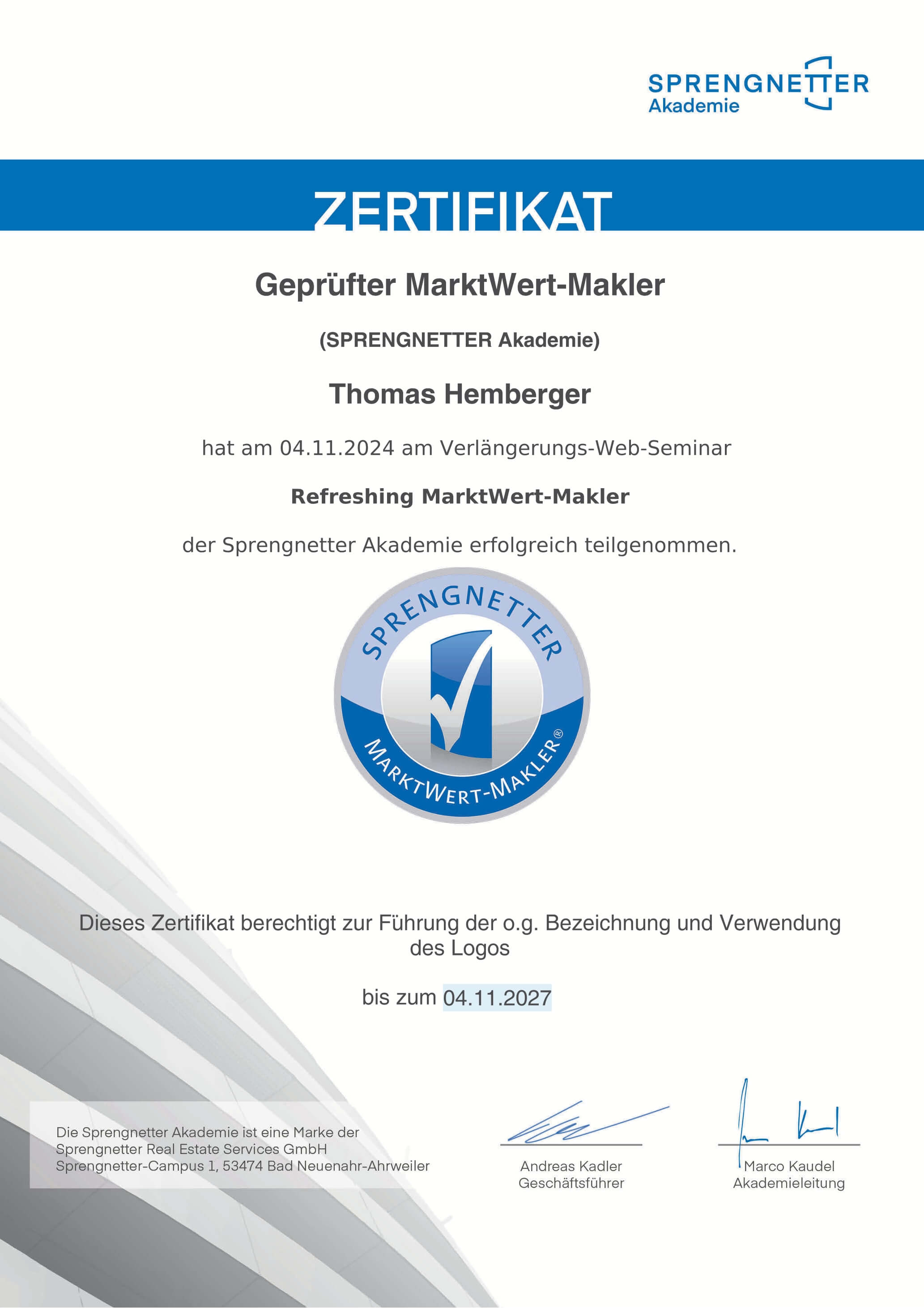Zertifikat Sprengnetter Akademie 2027